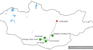 tour map of Tsagaan Suvarga Cliff - Bayanzag - Khongor Sand Dune - Yol Gorge 5 Days Trip